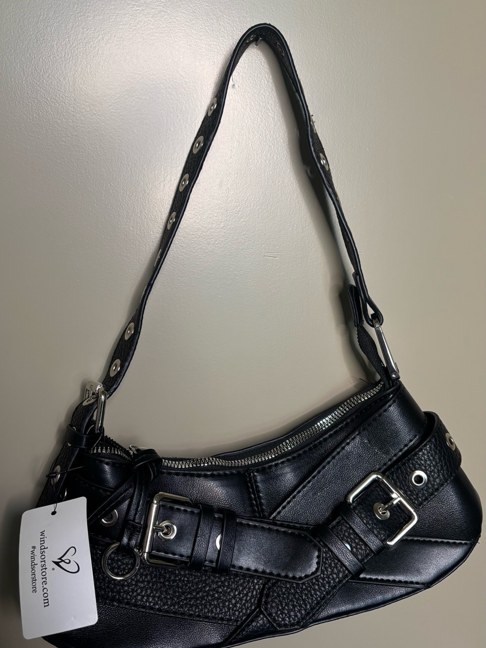 Windsor Black Leather Shoulder Bag with Buckle Accent